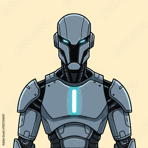 Gray robot character with glowing blue eyes and chest light