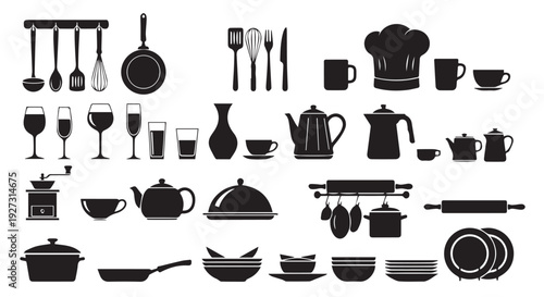 Comprehensive kitchen utensils and dinnerware collection illustration in black silhouettes on Transparent Background.