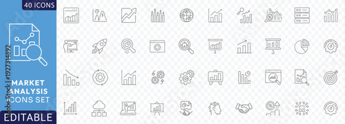Market Analysis line icon set. Containing market, growth, sales, trends, market, research, strategy, Etc. Fully Editable. Vector illustration.