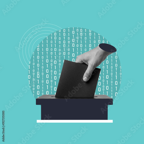 Fotografi hand putting ballot paper in box, ballot paper, ballot box, binary code, electio