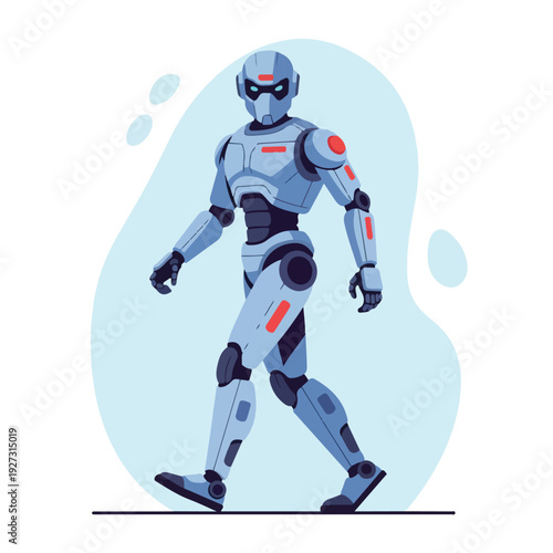 Robot walking with futuristic design and orange accents on body