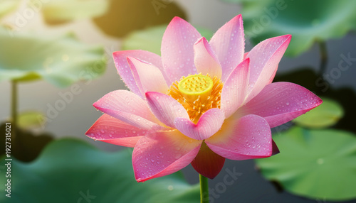 Lotus flower in full bloom on water with green leaves.