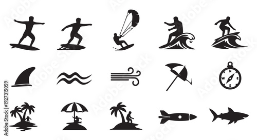 Black silhouette icons of surfers, kitesurfers, beach symbols, and ocean creatures on Transparent Background.