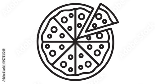 Simple black and white line drawing of a pepperoni pizza with a missing slice, isolated on Transparent Background.