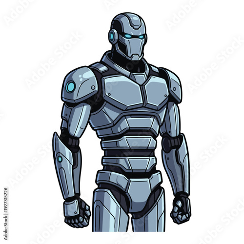 Gray robotic superhero character with blue glowing eyes on white