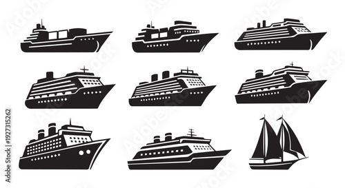 Collection of black and white cruise ship and sailboat illustrations on Transparent Background, perfect for travel and tourism designs.