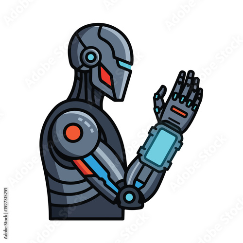 Robot with raised metallic hand showing palm to viewer in cartoon style