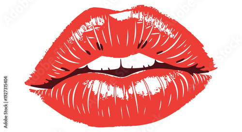 Close up illustration of red lips with white teeth and glossy lipstick on a Transparent Background, perfect for beauty and makeup concepts.