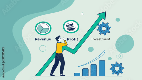 Infographic elements showing financial growth with an upward arrow and rising bar chart, representing economic progress.