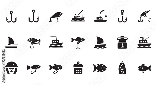 Collection of black and white fishing icons and symbols, including hooks, boats, and fish.