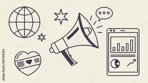 Set of flat design icons representing digital marketing concepts: SEO, social media, email, advertising, and analytics.