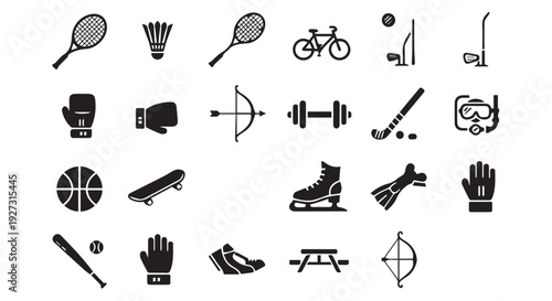 Collection of various sports equipment and gear icons in black and white