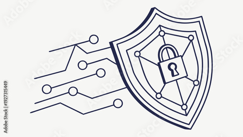 Clean line art icon representing cyber security, featuring a shield symbol for data protection and online safety.