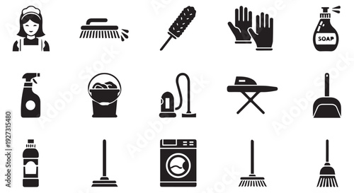 Detailed black and white cleaning icons set on Transparent Background, including various tools and supplies.