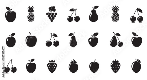 Collection of black fruit icons including apples, pears, cherries, and berries on Transparent Background