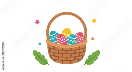 Vector illustration of an Easter basket with colorful decorated eggs on a black background.