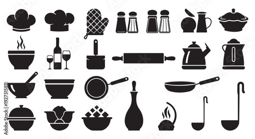 Collection of black silhouette kitchen utensils and food icons including chef hat, bowls, pots, wine, rolling pin, kettle, ladle, and more on Transparent Background for cooking and recipe design