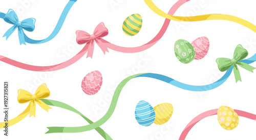 Festive Easter banner with colorful decorated eggs and flowing pastel ribbons