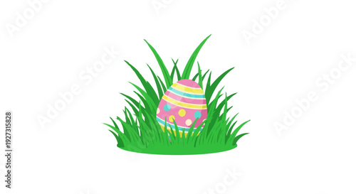 Colorful decorated Easter egg hidden in green grass. Vector illustration.