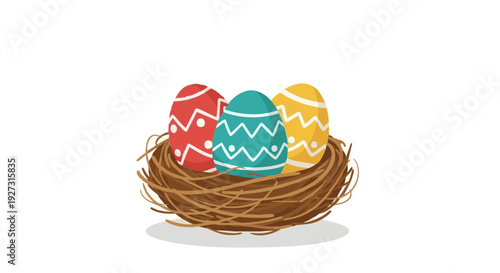 Colorful decorated Easter eggs in a bird's nest. Festive spring holiday vector illustration.