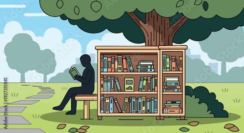 Silhouette reading on a park bench next to a surreal outdoor bookshelf under a tree. Cartoon vector illustration of knowledge and nature.