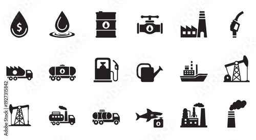 Collection of black icons related to oil, industry, and energy production on Transparent Background