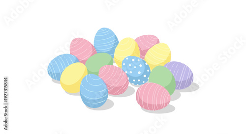 Vector illustration of decorated pastel Easter eggs in a pile. Colorful festive design element isolated on a black background.