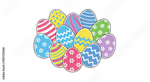 Vector illustration of decorated Easter eggs. Colorful pastel eggs with patterns isolated on a black background with copy space.