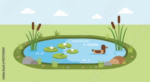 Cartoon duck swimming in a small pond with lily pads and reeds. Flat vector nature illustration.