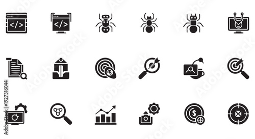 Collection of black SEO and web development icons, including bugs, code, and analytics symbols.