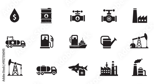 Detailed black icon set representing oil industry elements, extraction, and refinery processes on a Transparent Background.