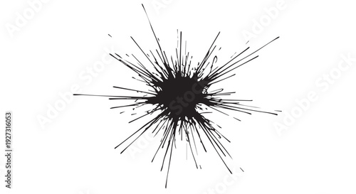 Black ink splatter on Transparent Background, abstract artistic expression with radial lines and dots