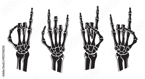 Four skeletal hands in different rock on gestures against a Transparent Background, symbolizing music and rebellion.