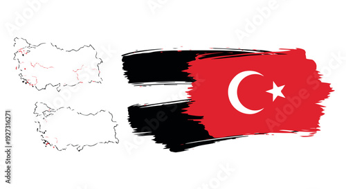 Turkish flag with white star and crescent on red background with black brush strokes isolated on white