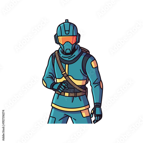 Teal and yellow cartoon character in futuristic space suit standing alone