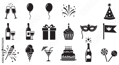 Black icons for party celebration, including champagne, cake, and masks on Transparent Background.