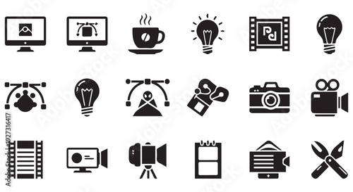 Collection of black and white film production icons and symbols for creative projects and editing software