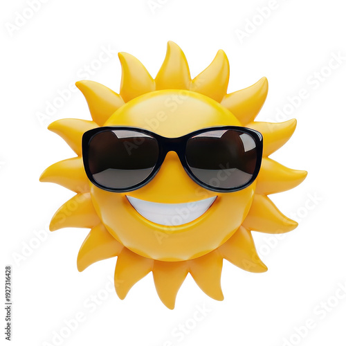 Cheerful yellow sun character wearing black sunglasses and smiling isolated on a transparent background