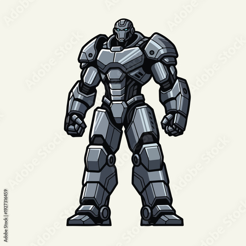Gray metallic robot standing in aggressive stance with fists clenched