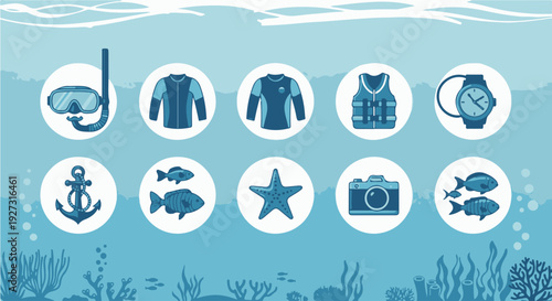 Underwater themed icons set with scuba gear, marine life, and photography equipment in blue hues.