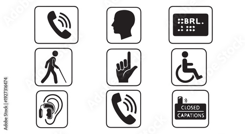 Set of black accessibility icons on Transparent Background, including symbols for phone, hearing, and mobility assistance.