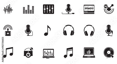 Collection of black music and audio technology icons, including headphones, microphones, and sound waves.