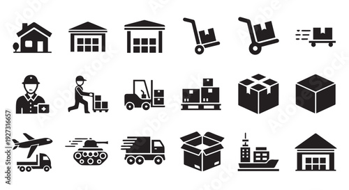 Logistics and shipping icons including vehicles, buildings, and cargo