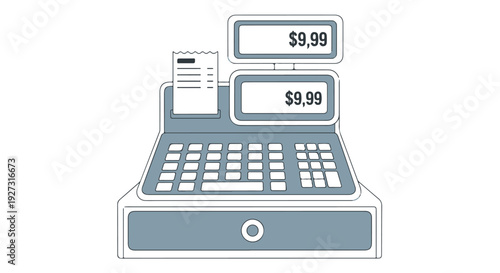 Flat illustration of a cash register with prices on screen