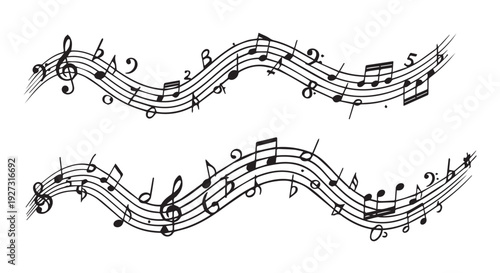 Wavy musical notes on a Transparent Background, symbolizing creativity and harmony in music composition.