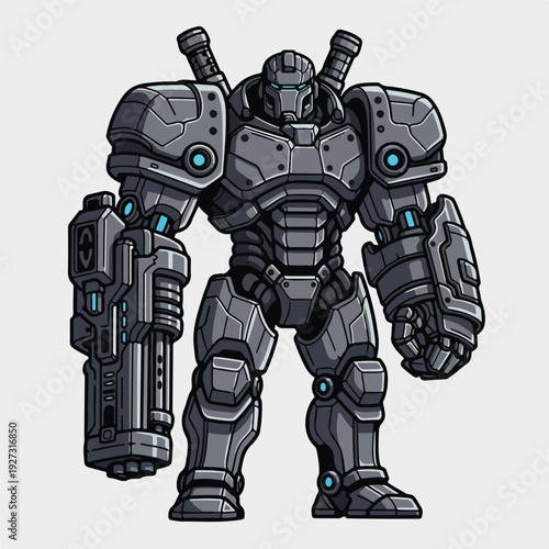 Futuristic robot with guns standing on white background