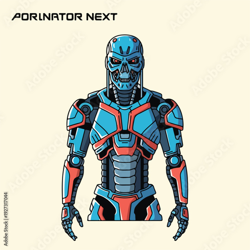 Futuristic robotic figure with skull head and blue red armor