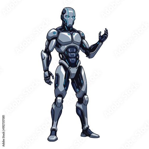 Robot standing with one hand raised in a futuristic pose
