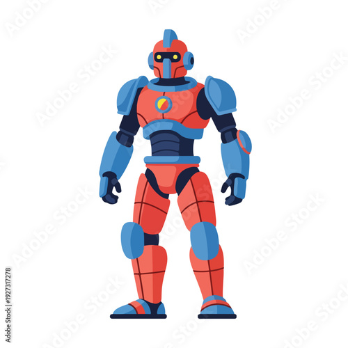 Robot character in futuristic orange and blue armor standing alone
