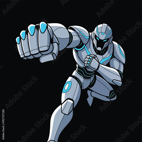 Futuristic robot in dynamic pose with glowing blue accents